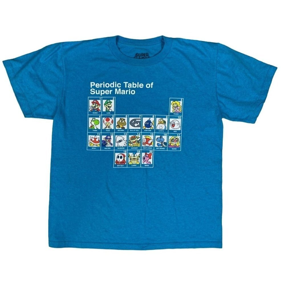 Super Mario Bros Periodic Table Blue T-Shirt ‎ Size XL